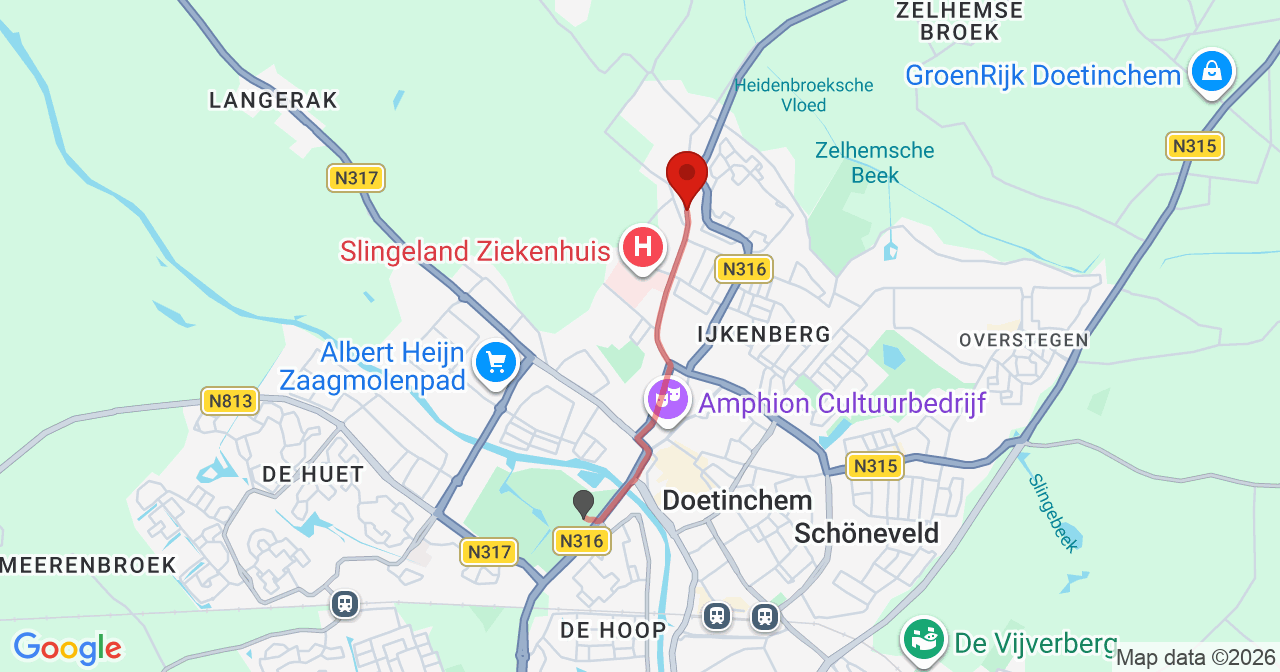 Kaart van het incident in Doetinchem met de aanrijroutes van de gealarmeerde eenheden