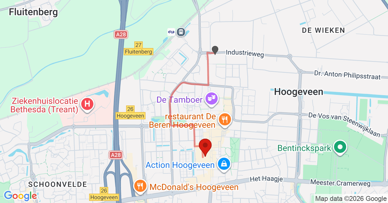 Kaart van het incident in Hoogeveen met de aanrijroutes van de gealarmeerde eenheden