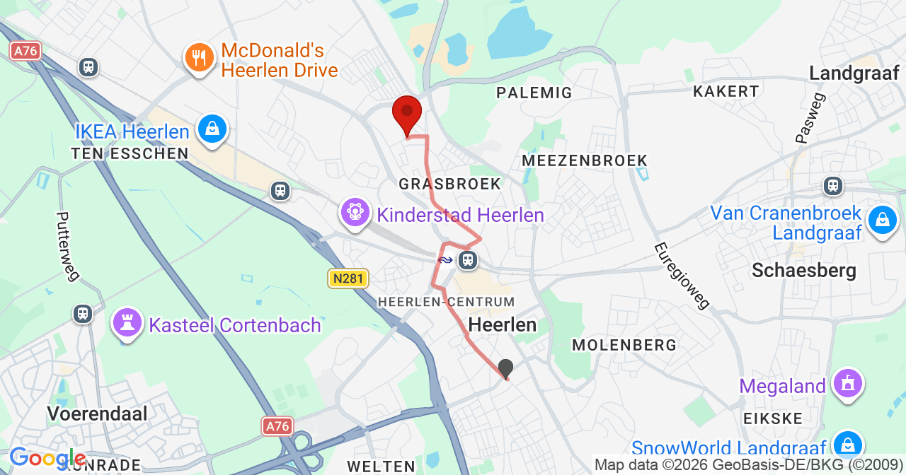 Kaart van het incident in Heerlen met de aanrijroutes van de gealarmeerde eenheden
