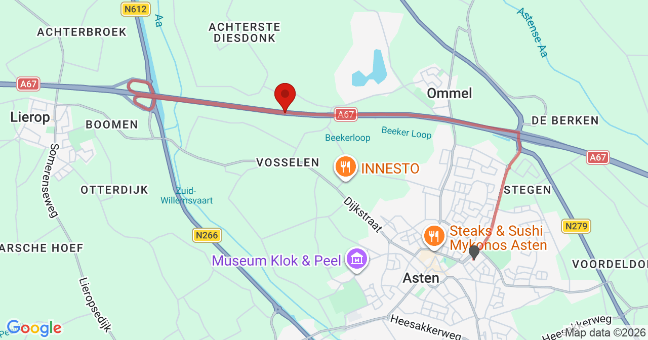Kaart van het incident in Asten met de aanrijroutes van de gealarmeerde eenheden