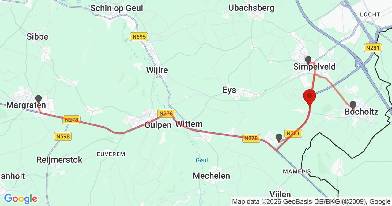 Kaart van het incident in Bocholtz met de aanrijroutes van de gealarmeerde eenheden