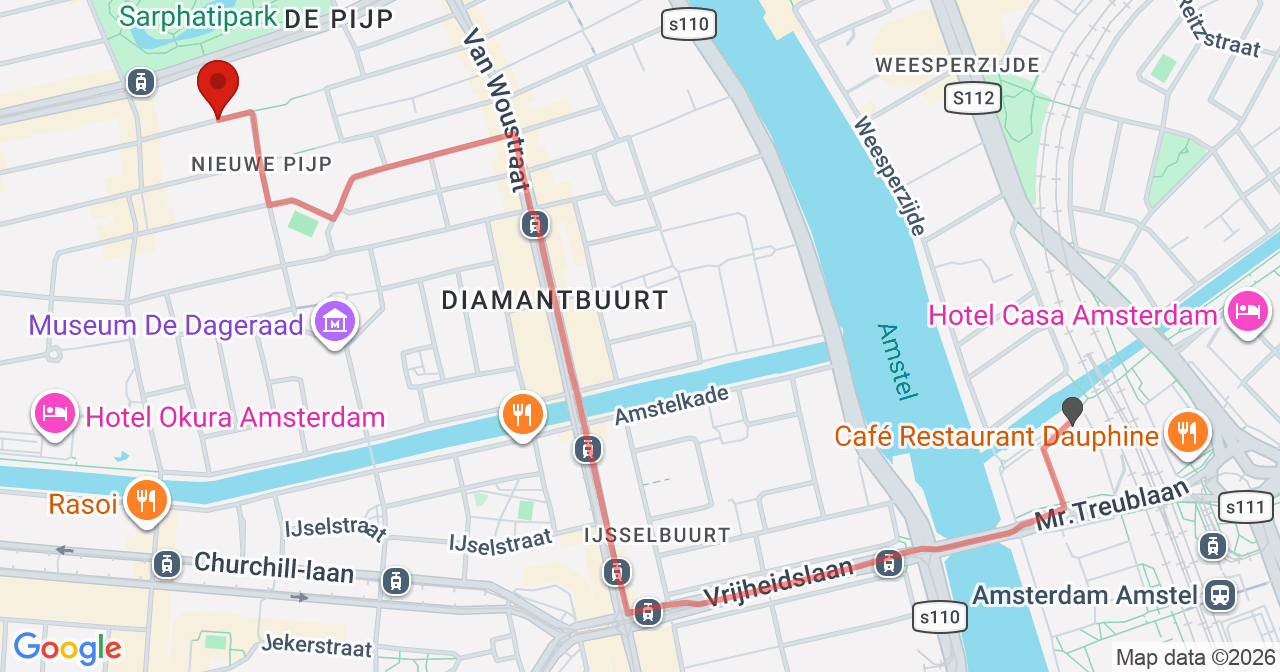 Kaart van het incident in Amsterdam met de aanrijroutes van de gealarmeerde eenheden
