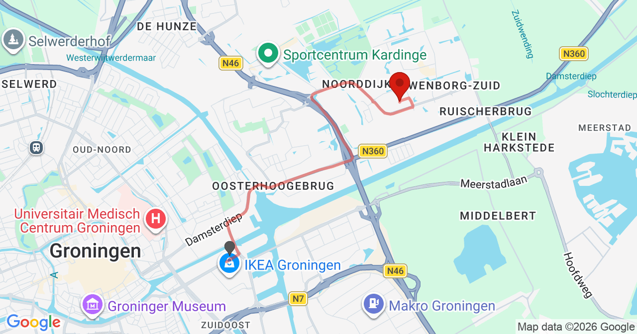 Kaart van het incident in Groningen met de aanrijroutes van de gealarmeerde eenheden