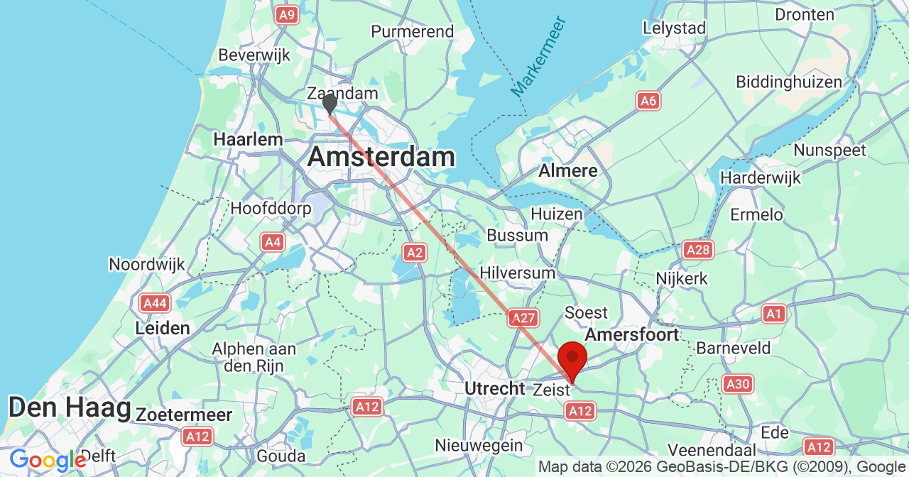 Kaart van het incident in Zeist met de aanrijroutes van de gealarmeerde eenheden