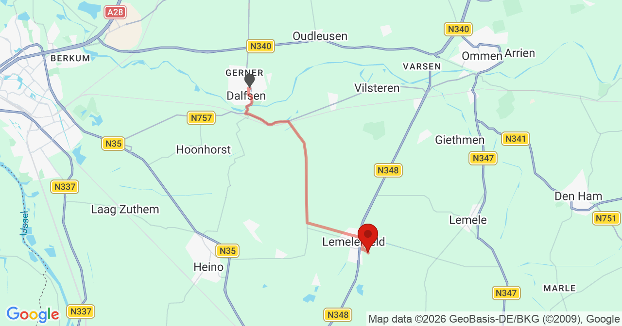 Kaart van het incident in Lemelerveld met de aanrijroutes van de gealarmeerde eenheden