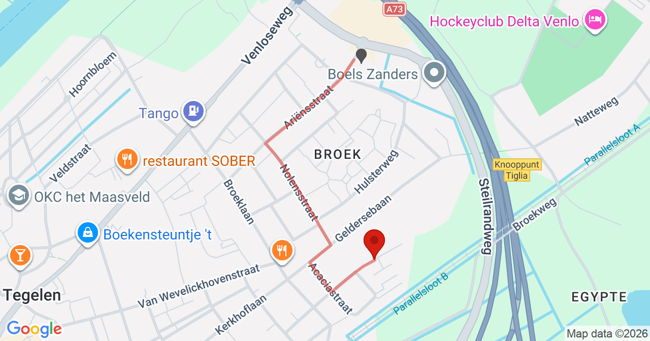 Kaart van het incident in Tegelen met de aanrijroutes van de gealarmeerde eenheden