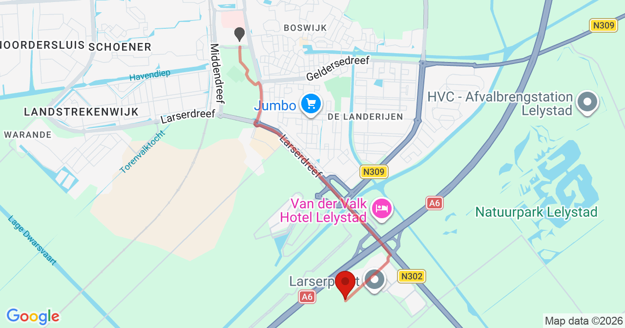 Kaart van het incident in Lelystad met de aanrijroutes van de gealarmeerde eenheden