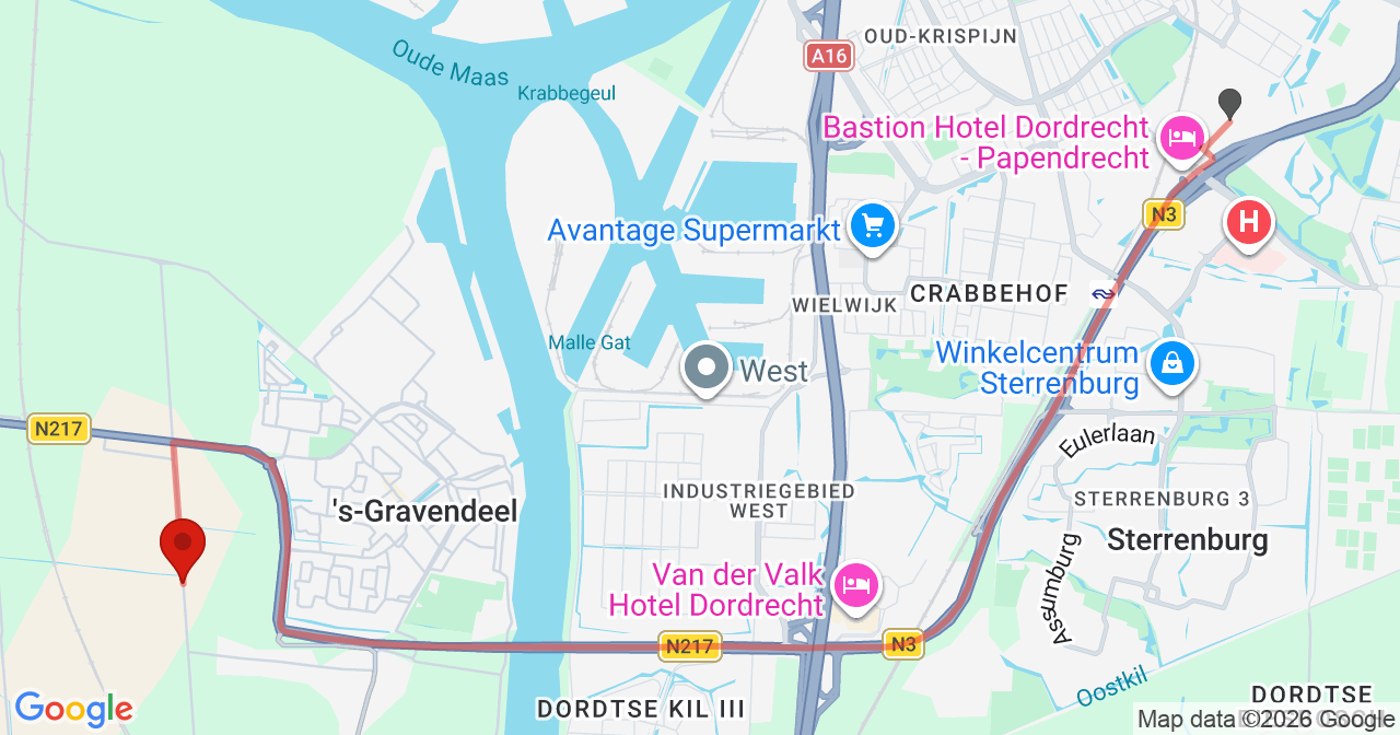 Kaart van het incident in 's-Gravendeel met de aanrijroutes van de gealarmeerde eenheden