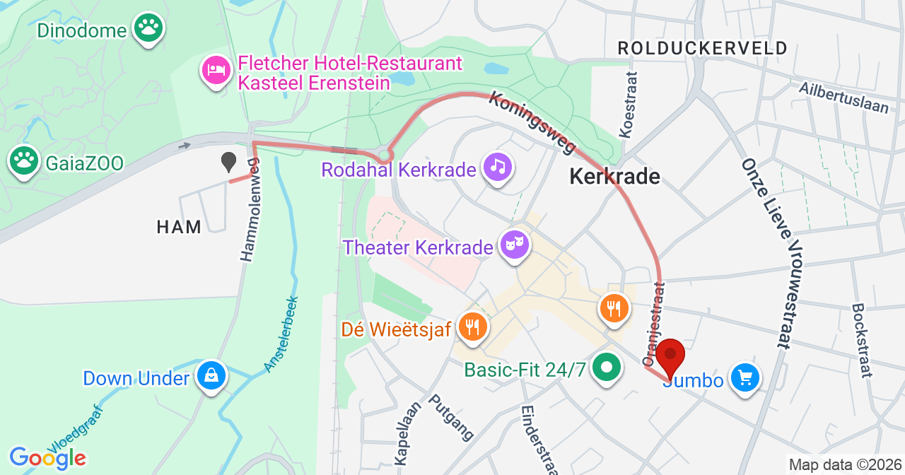 Kaart van het incident in Kerkrade met de aanrijroutes van de gealarmeerde eenheden