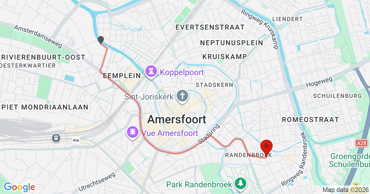 Kaart van het incident in Amersfoort met de aanrijroutes van de gealarmeerde eenheden