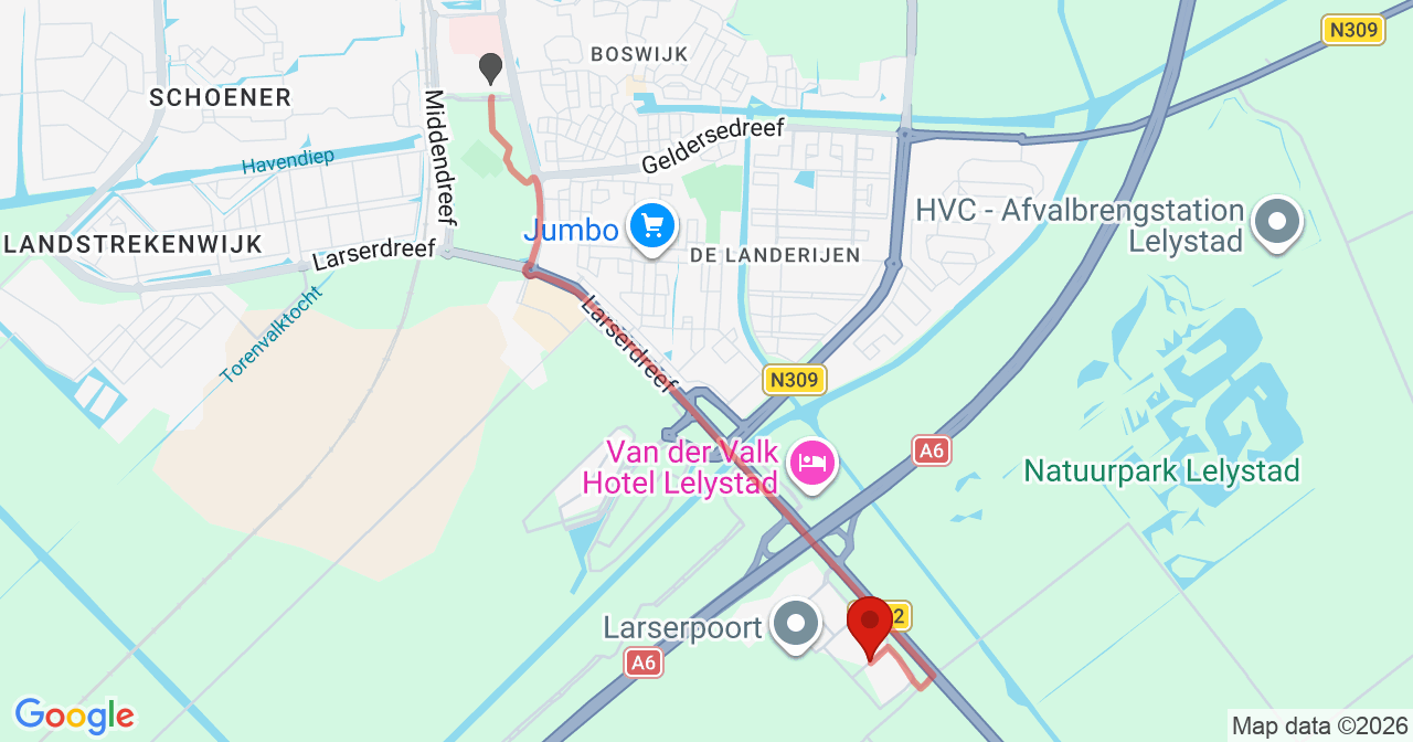 Kaart van het incident in Lelystad met de aanrijroutes van de gealarmeerde eenheden