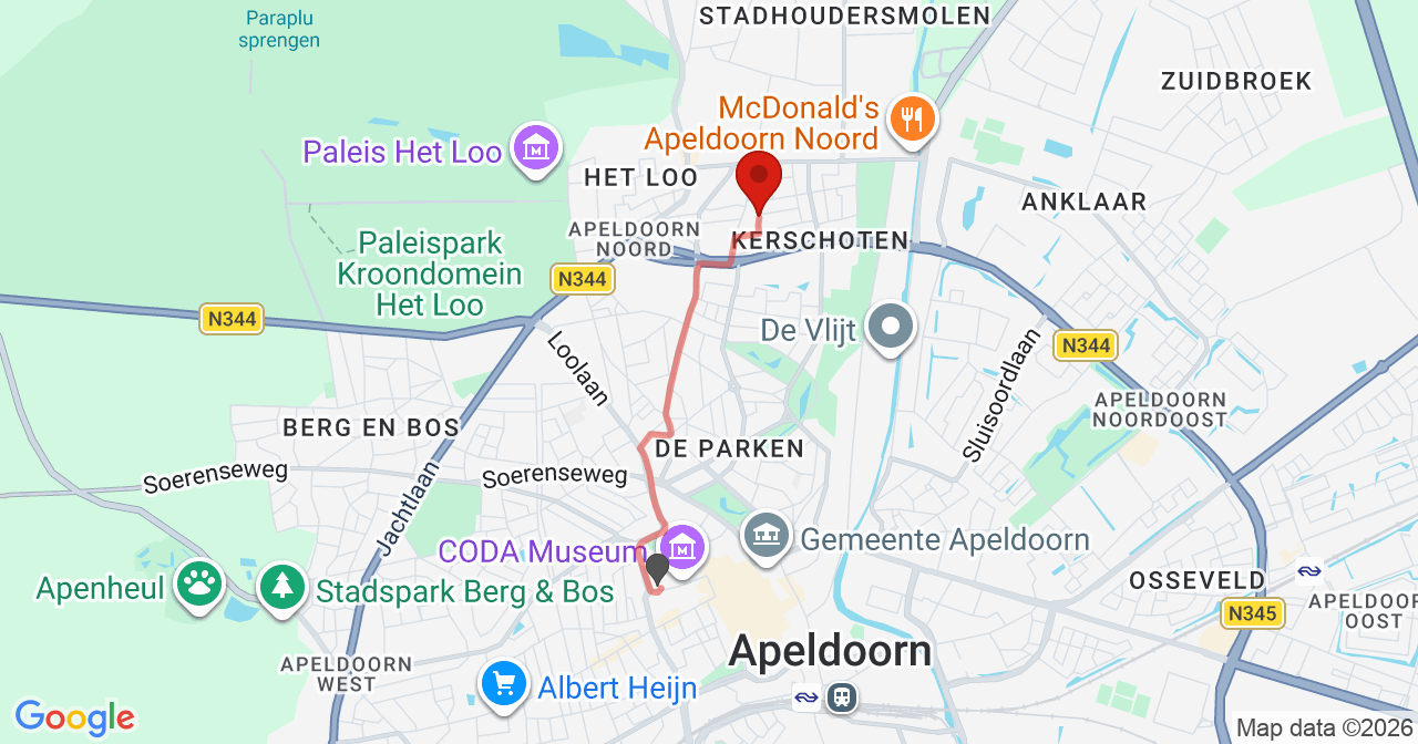 Kaart van het incident in Apeldoorn met de aanrijroutes van de gealarmeerde eenheden