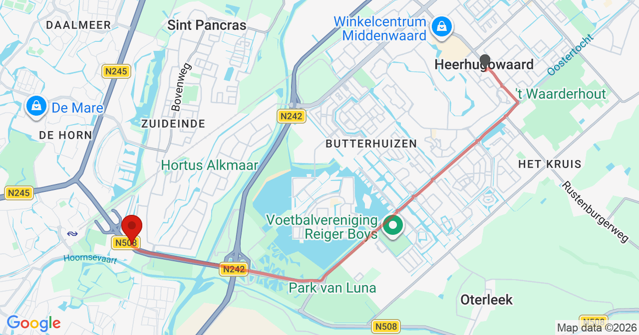 Kaart van het incident in Alkmaar met de aanrijroutes van de gealarmeerde eenheden