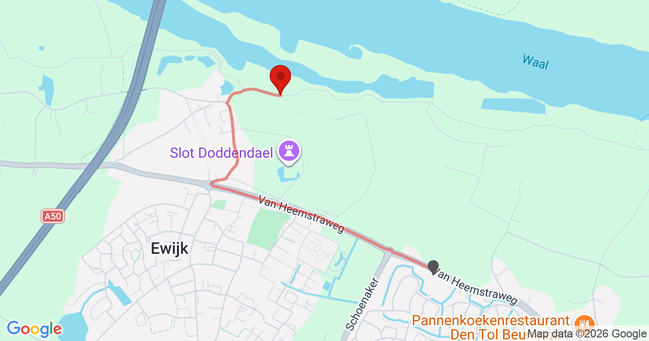 Kaart van het incident in Ewijk met de aanrijroutes van de gealarmeerde eenheden