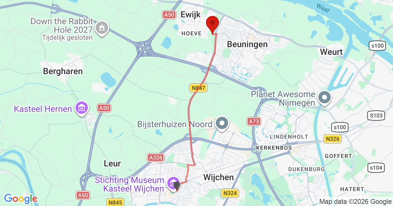 Kaart van het incident in Beuningen Gld met de aanrijroutes van de gealarmeerde eenheden