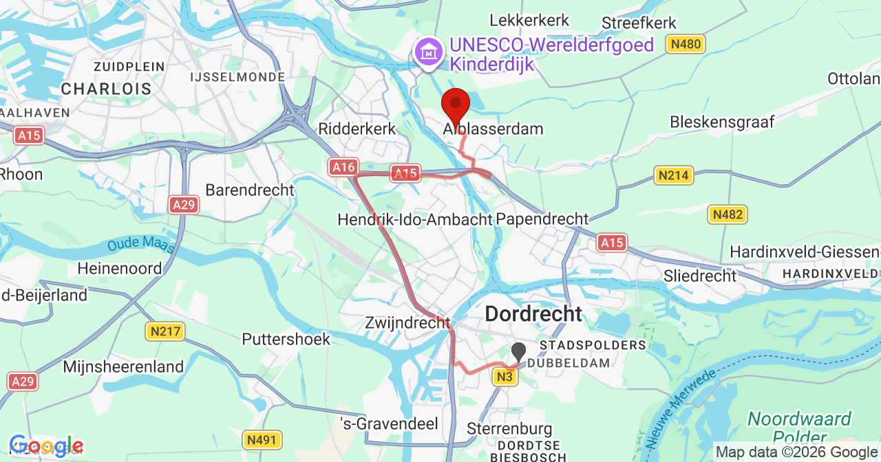 Kaart van het incident in Alblasserdam met de aanrijroutes van de gealarmeerde eenheden