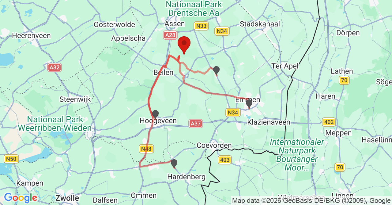 Kaart van het incident in Coevorden met de aanrijroutes van de gealarmeerde eenheden