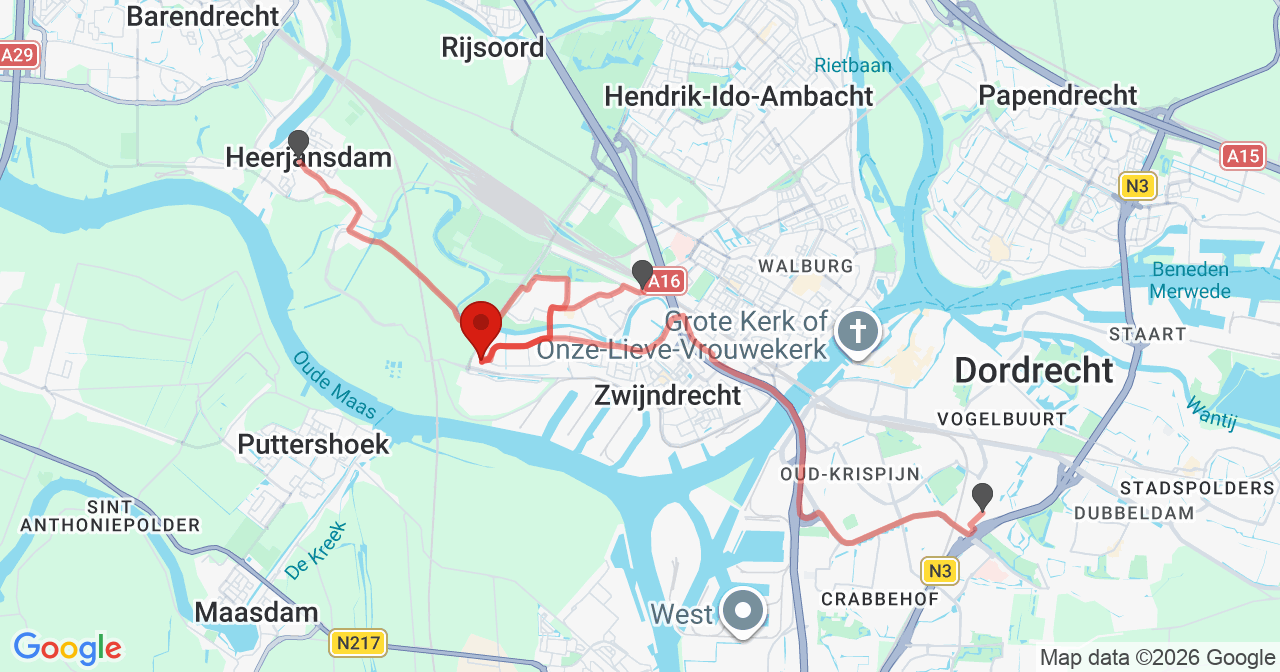 Kaart van het incident in Zwijndrecht met de aanrijroutes van de gealarmeerde eenheden