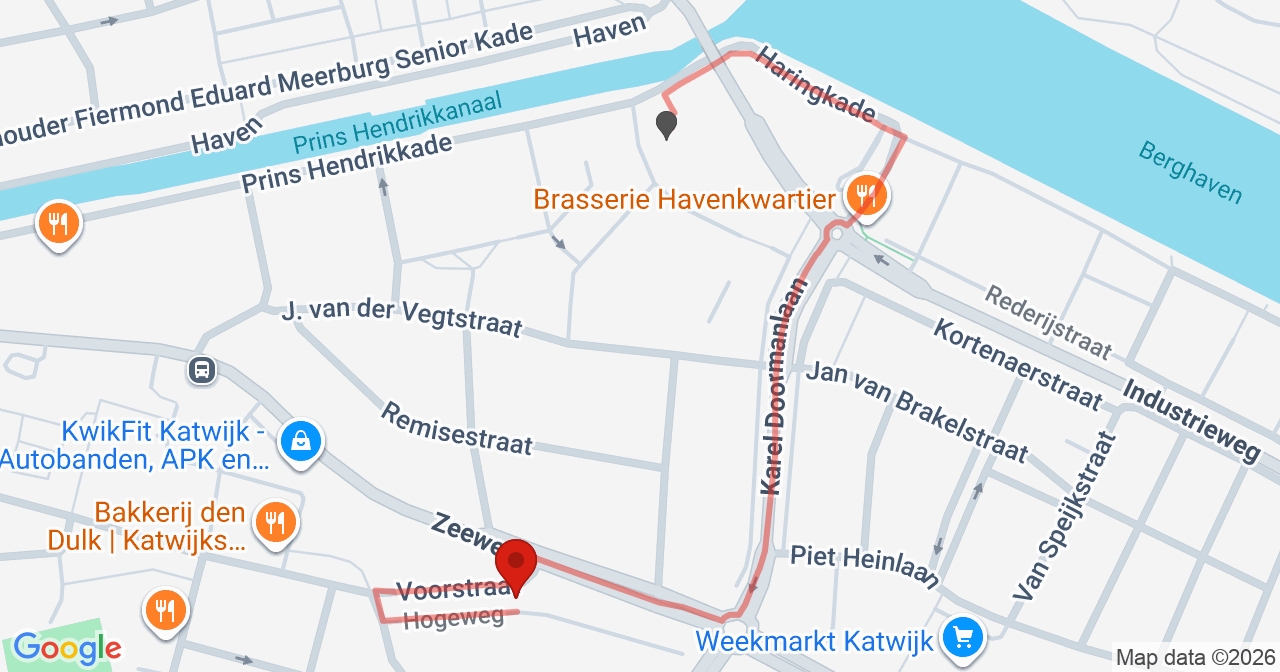 Kaart van het incident in Katwijk ZH met de aanrijroutes van de gealarmeerde eenheden