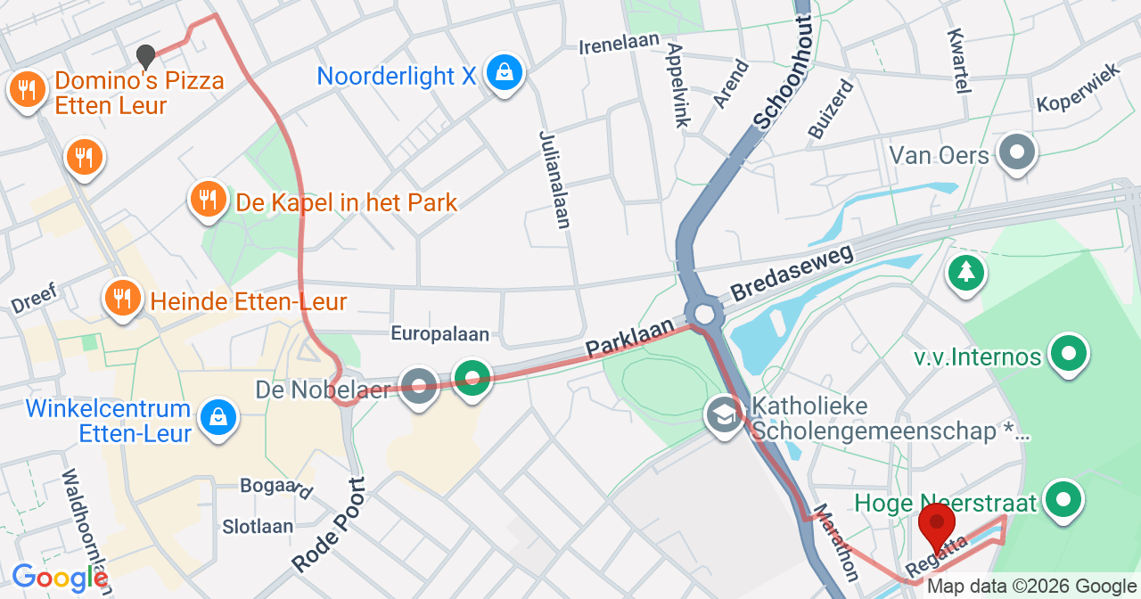 Kaart van het incident in Etten-Leur met de aanrijroutes van de gealarmeerde eenheden