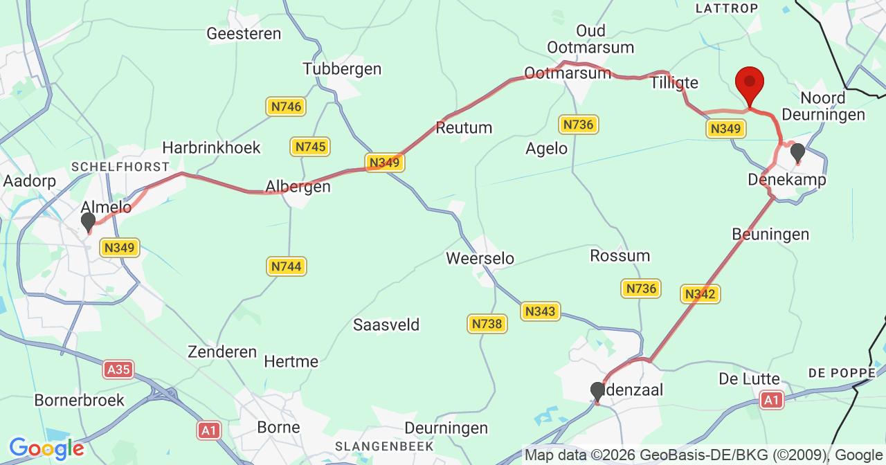 Kaart van het incident in Denekamp met de aanrijroutes van de gealarmeerde eenheden