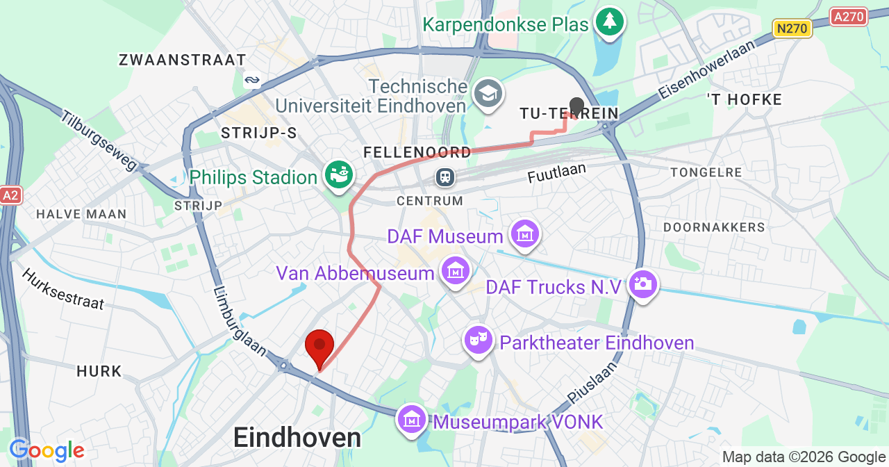 Kaart van het incident in Eindhoven met de aanrijroutes van de gealarmeerde eenheden