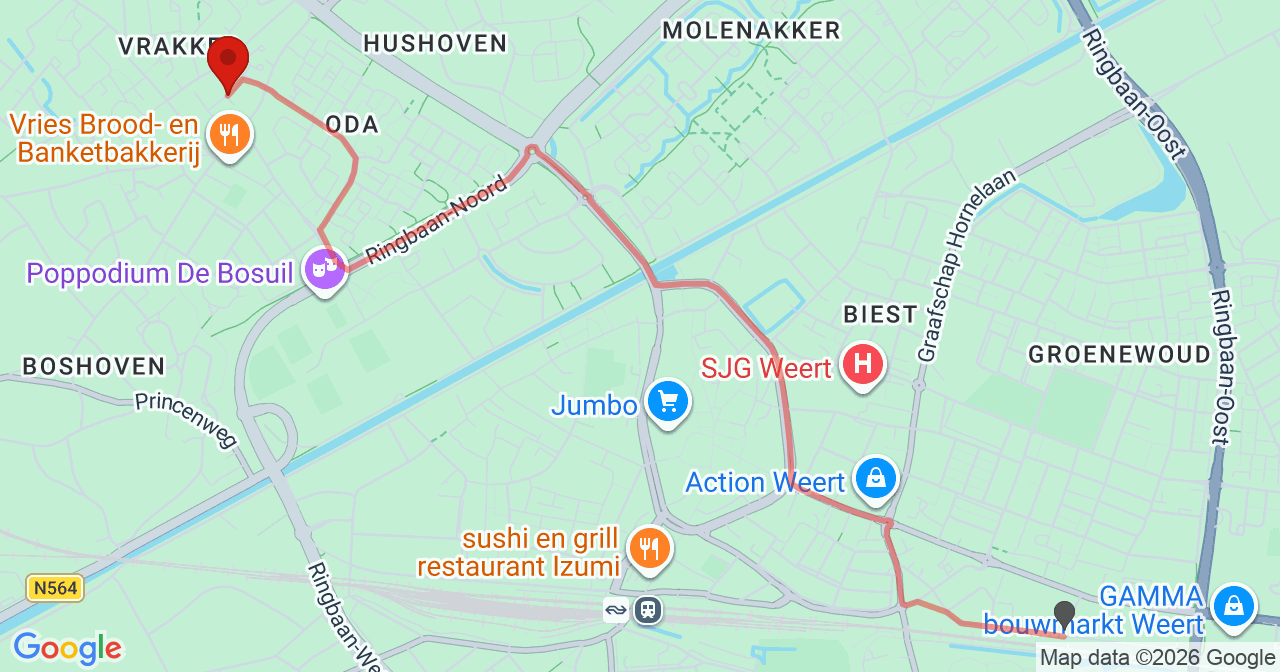 Kaart van het incident in Weert met de aanrijroutes van de gealarmeerde eenheden