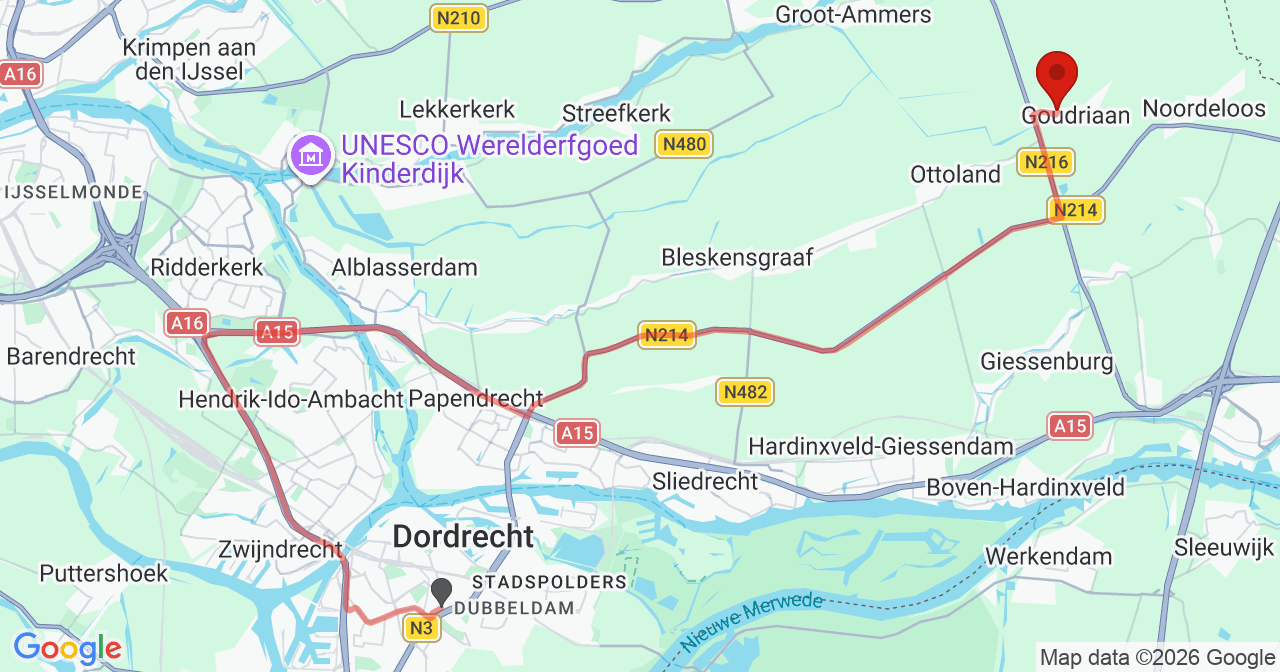 Kaart van het incident in Goudriaan met de aanrijroutes van de gealarmeerde eenheden