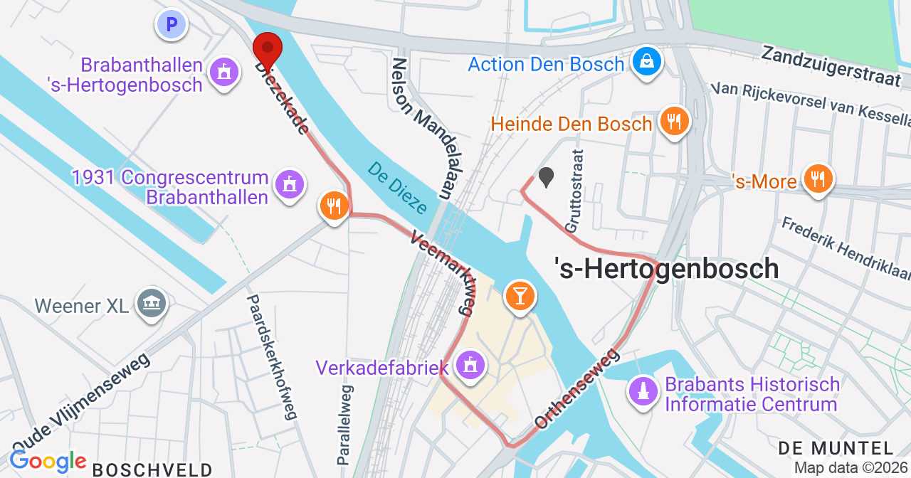 Kaart van het incident in 's-Hertogenbosch met de aanrijroutes van de gealarmeerde eenheden