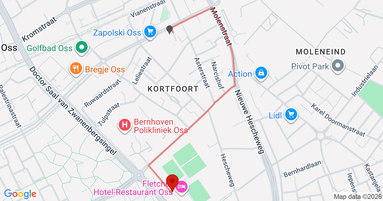 Kaart van het incident in Oss met de aanrijroutes van de gealarmeerde eenheden