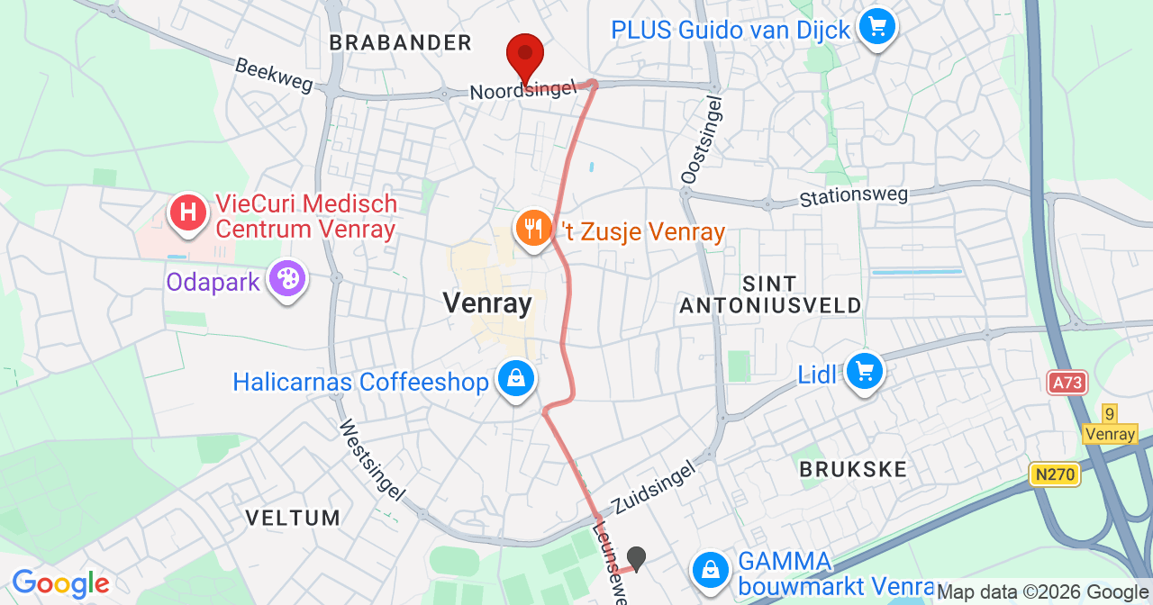 Kaart van het incident in Venray met de aanrijroutes van de gealarmeerde eenheden