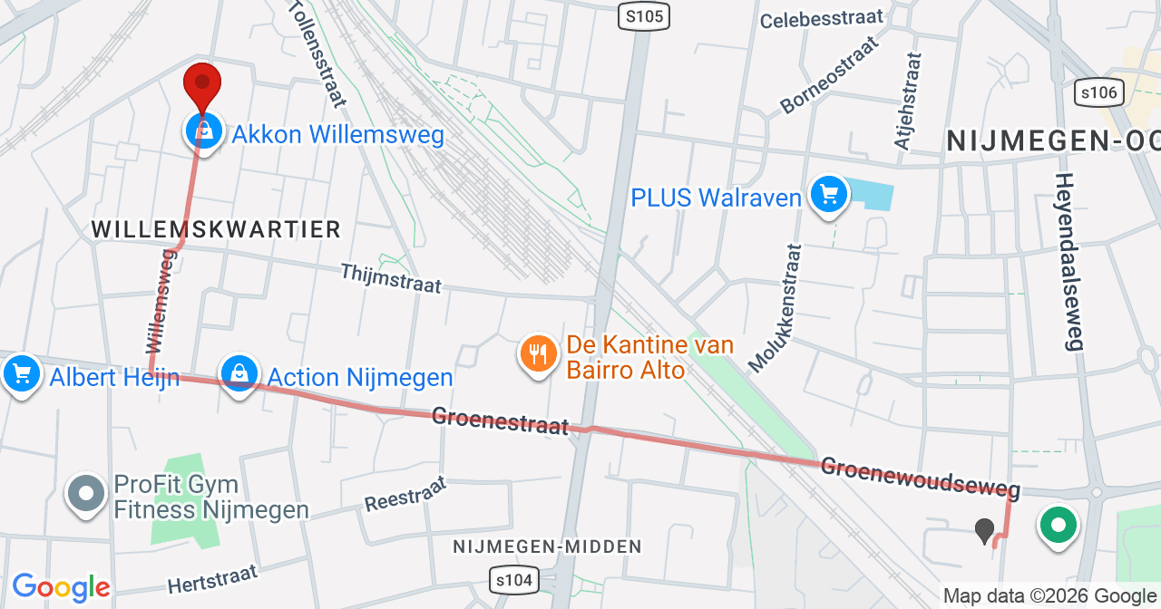 Kaart van het incident in Nijmegen met de aanrijroutes van de gealarmeerde eenheden