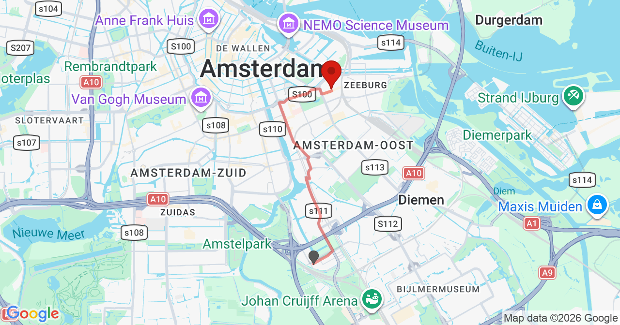 Kaart van het incident in Amsterdam met de aanrijroutes van de gealarmeerde eenheden