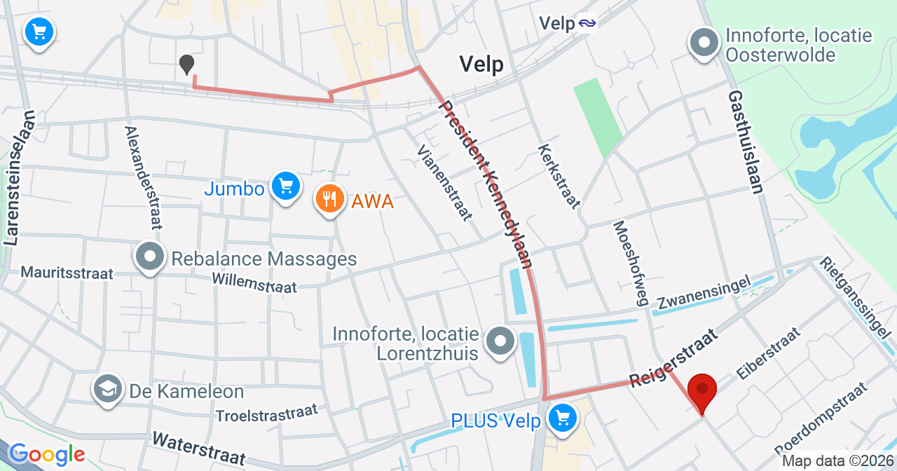 Kaart van het incident in Velp met de aanrijroutes van de gealarmeerde eenheden