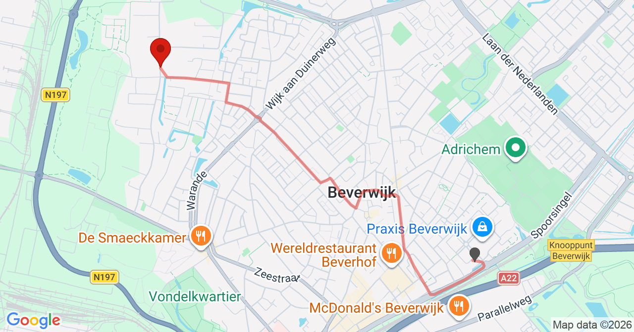 Kaart van het incident in Beverwijk met de aanrijroutes van de gealarmeerde eenheden