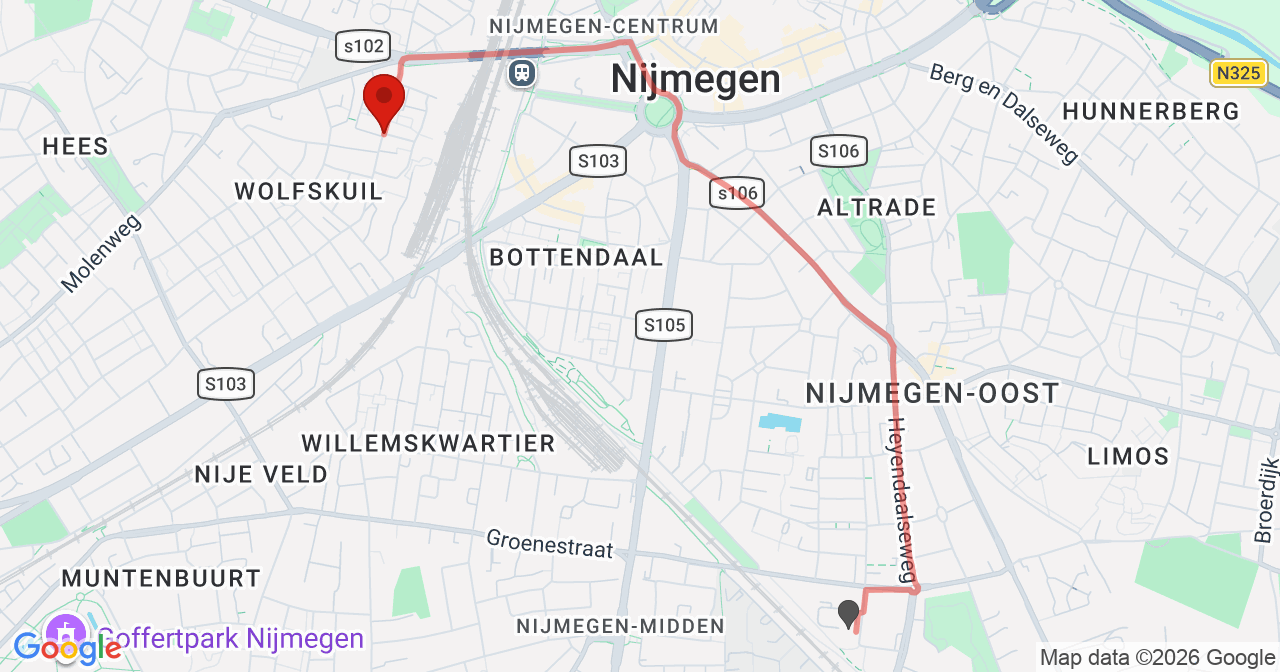 Kaart van het incident in Nijmegen met de aanrijroutes van de gealarmeerde eenheden