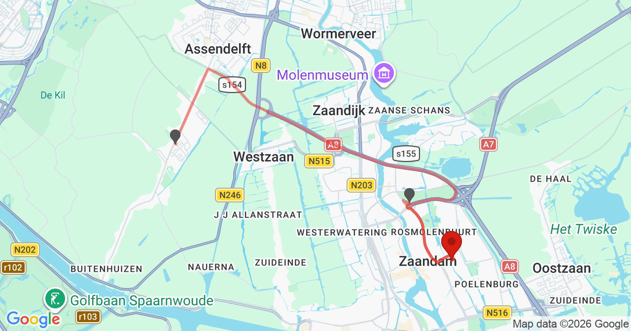 Kaart van het incident in Zaandam met de aanrijroutes van de gealarmeerde eenheden