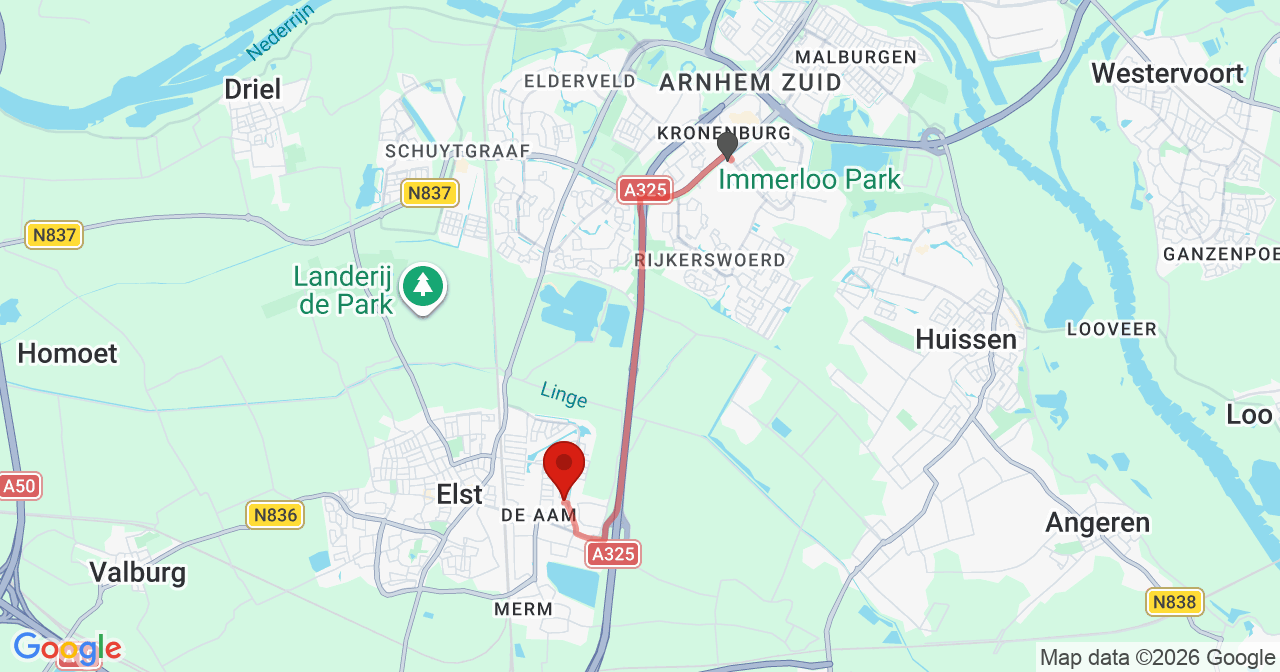Kaart van het incident in Elst met de aanrijroutes van de gealarmeerde eenheden