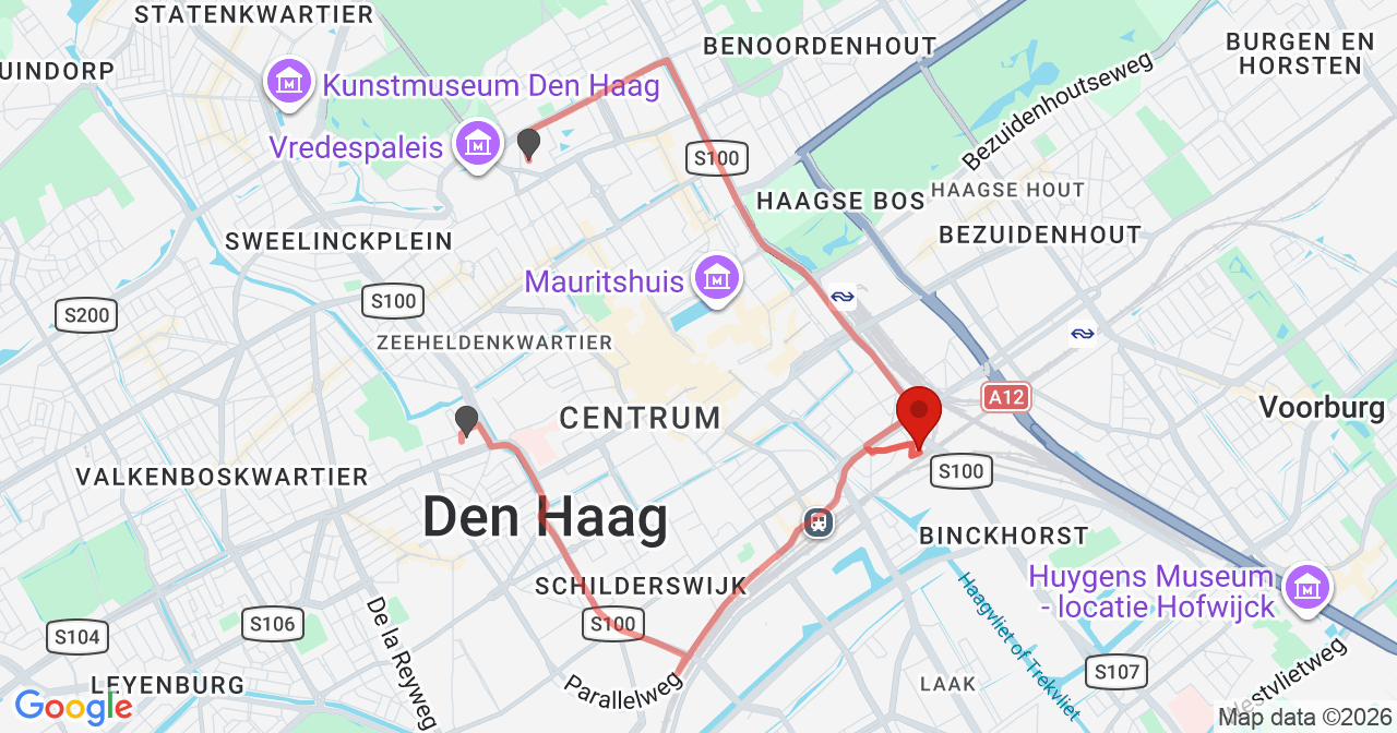 Kaart van het incident in 's-Gravenhage met de aanrijroutes van de gealarmeerde eenheden