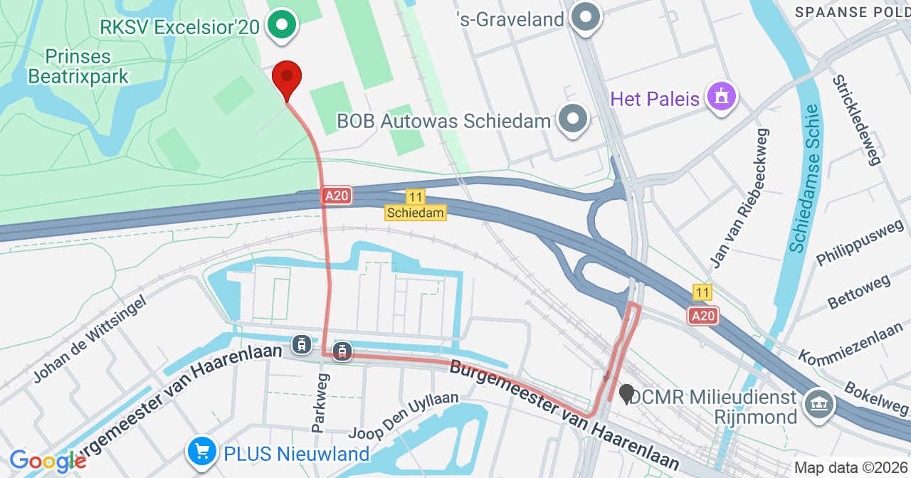 Kaart van het incident in Schiedam met de aanrijroutes van de gealarmeerde eenheden