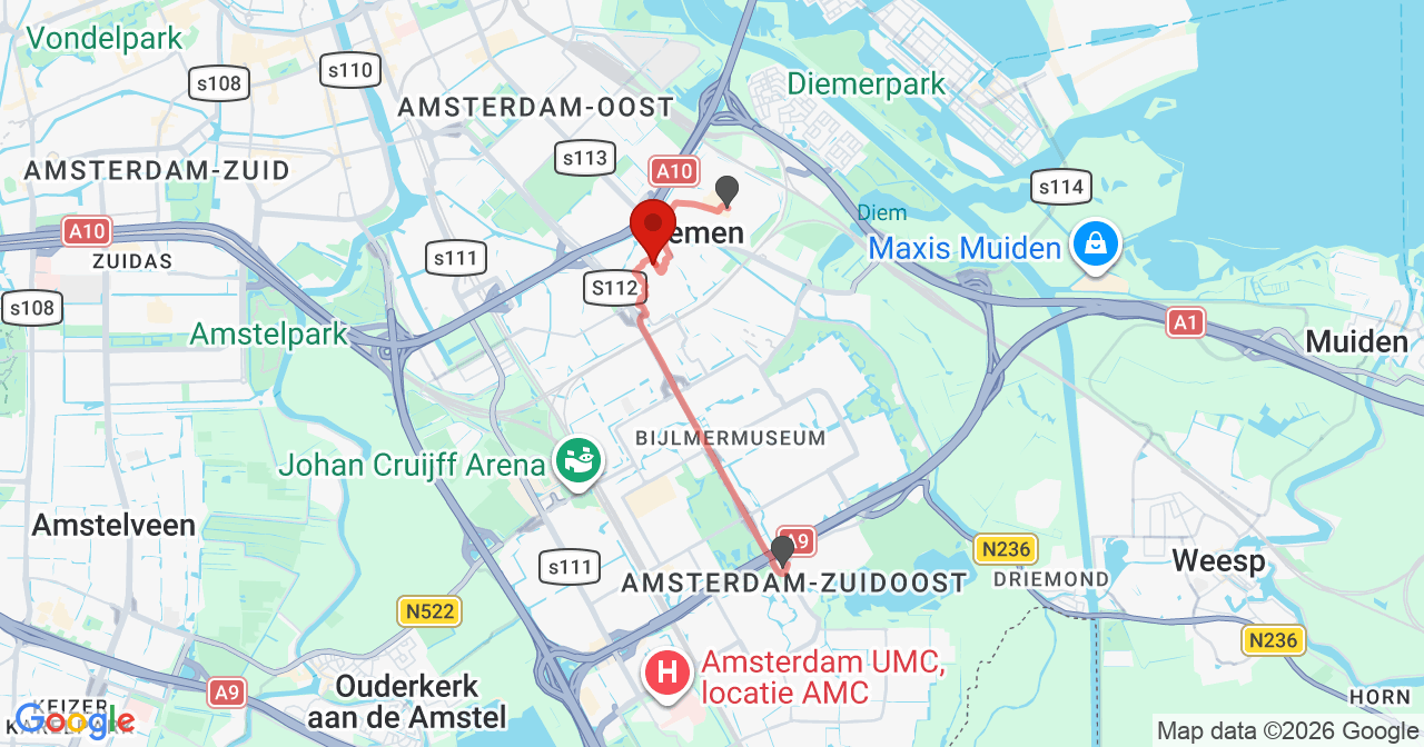 Kaart van het incident in Diemen met de aanrijroutes van de gealarmeerde eenheden