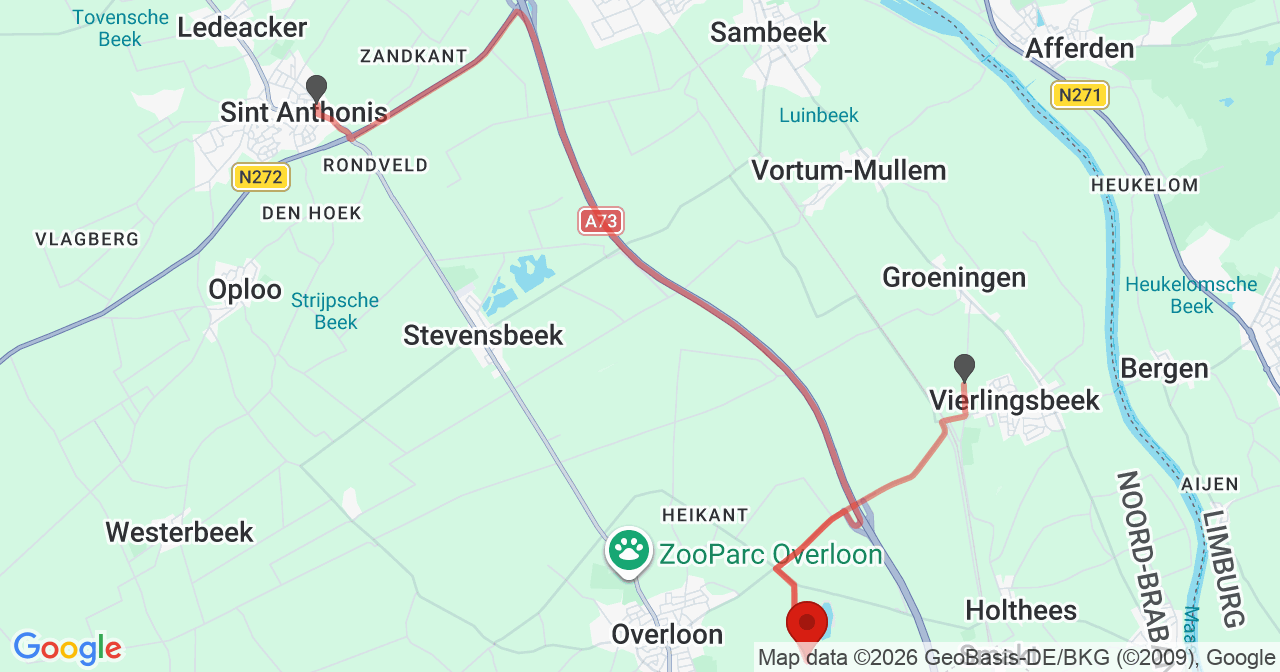 Kaart van het incident in Overloon met de aanrijroutes van de gealarmeerde eenheden