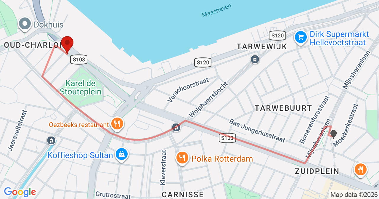 Kaart van het incident in Rotterdam met de aanrijroutes van de gealarmeerde eenheden