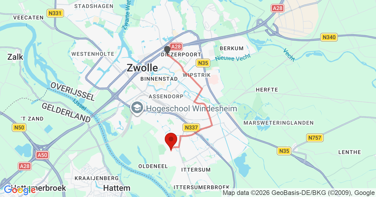Kaart van het incident in Zwolle met de aanrijroutes van de gealarmeerde eenheden