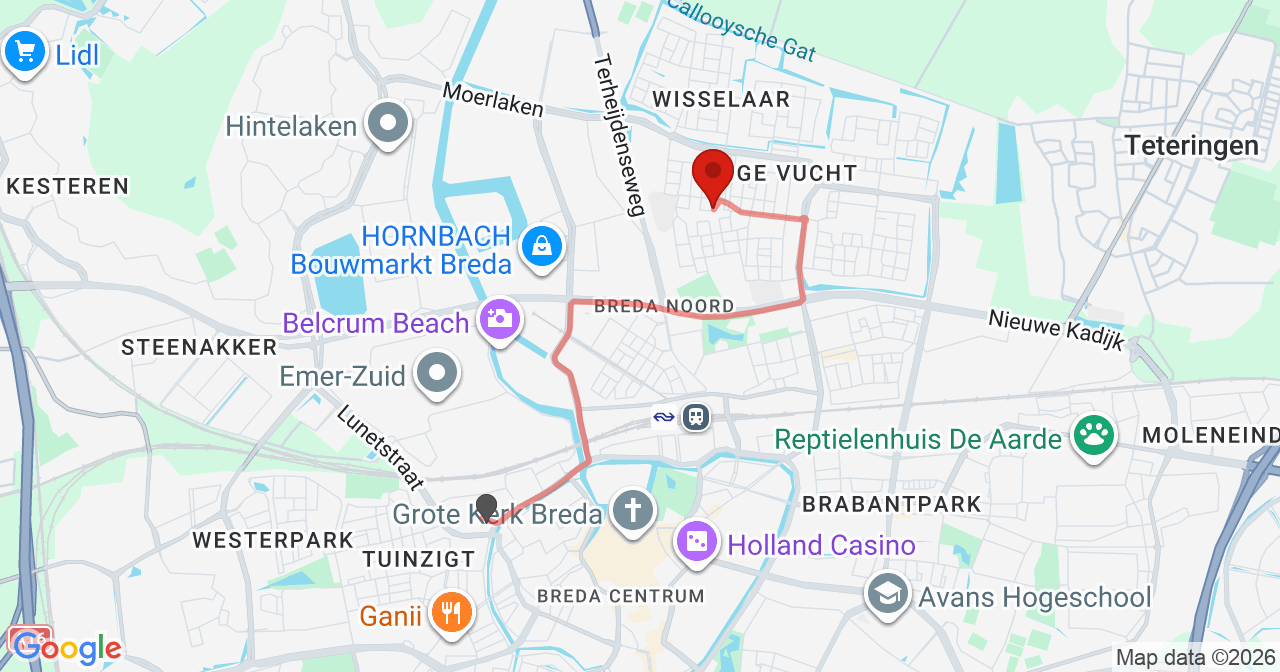 Kaart van het incident in Breda met de aanrijroutes van de gealarmeerde eenheden