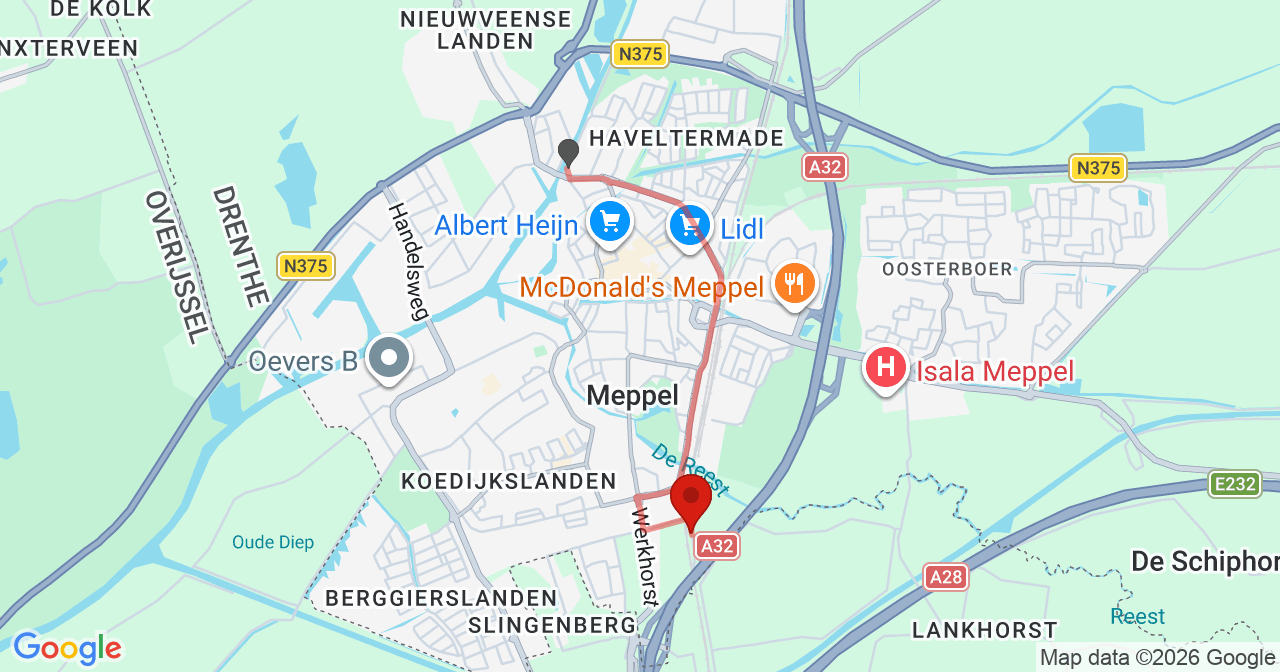 Kaart van het incident in Meppel met de aanrijroutes van de gealarmeerde eenheden