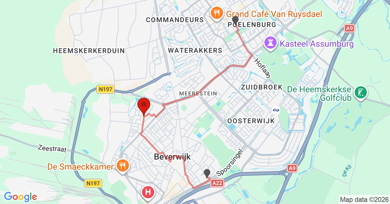 Kaart van het incident in Beverwijk met de aanrijroutes van de gealarmeerde eenheden