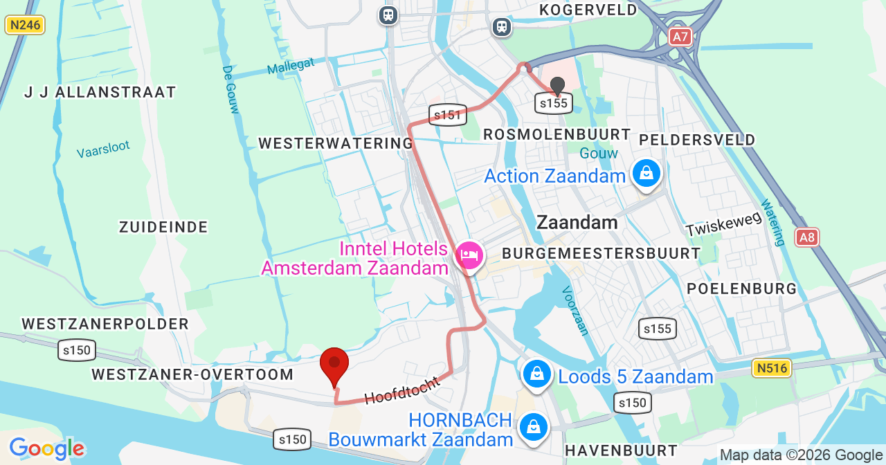 Kaart van het incident in Zaandam met de aanrijroutes van de gealarmeerde eenheden