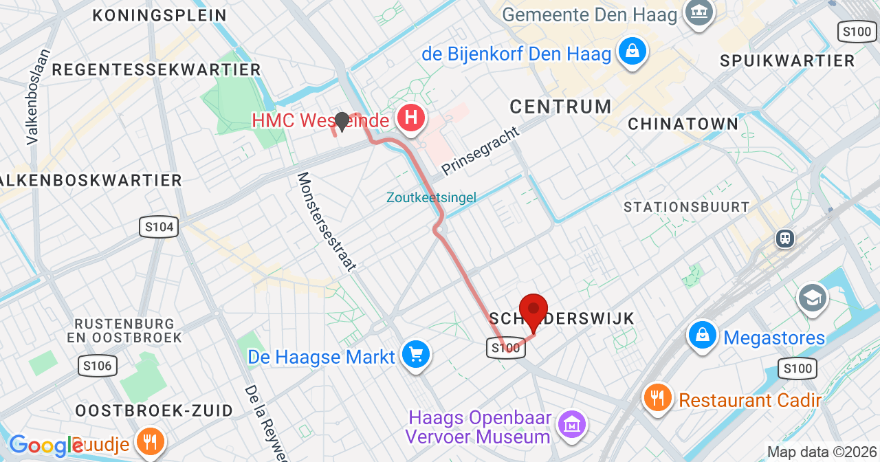 Kaart van het incident in 's-Gravenhage met de aanrijroutes van de gealarmeerde eenheden
