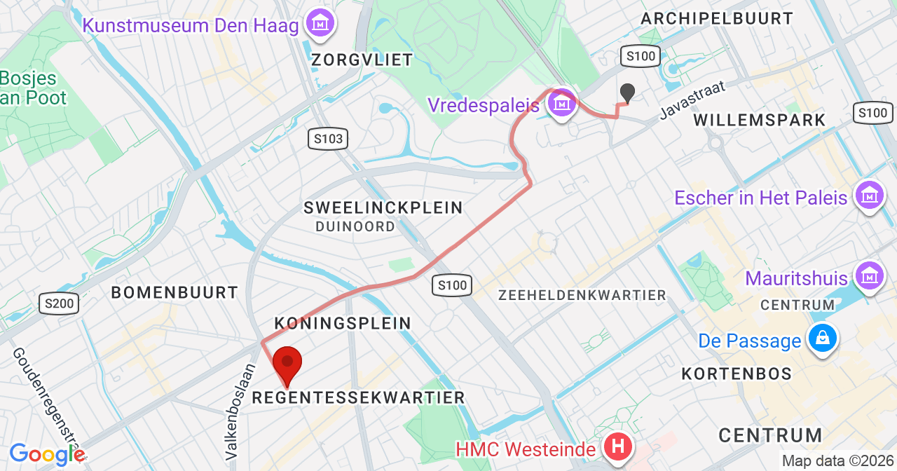 Kaart van het incident in 's-Gravenhage met de aanrijroutes van de gealarmeerde eenheden